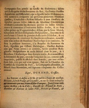 Sentence Du Chastelet De Paris, Qui donne Acte à Monsieur le Procureur du Roi de l'Appel comme d'abus par lui interjetté, d'une Ordonnance de Monsieur l'Archevêque de Paris, du 26 Octobre 1756 ... : Du deux Novembre mil sept cens cinquante-six
