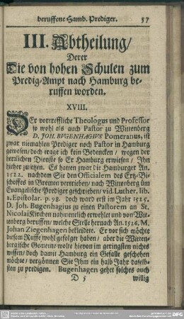 III. Abtheilung. Derer Die von hohen Schulen zum Predig-Ampt nach Hamburg beruffen worden