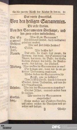 Die erste Lection. Von den Sacramenten überhaupt, und den zwey ersten insbesondere.