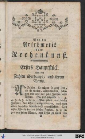 Erstes Hauptstück. Von den Zahlen überhaupt, und ihrem Werthe.