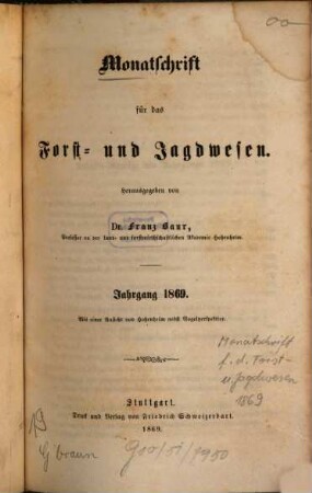 Monatschrift für das Forst- und Jagdwesen. 1869, 1869