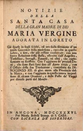 Notizie della Santa Casa della Madre di Dio Maria Vergine in Loreto