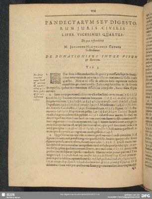 Liber Vicesimus Quartus: De quo respondebit M. Johannes hartmannus Cremer Gelhusanus. De Donationibus Inter Virum & Uxorem