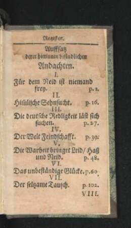 Auffsatz derer hierinnen befindlichen Andachten.
