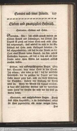 Sieben und zwanzigstes Gespräch. Socrates, Critias und Crito