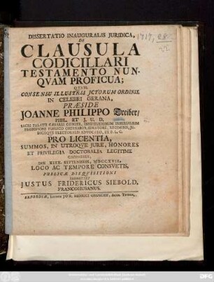 Dissertatio Inauguralis Juridica, De Clausula Codicillari Testamento Nunqvam Proficua