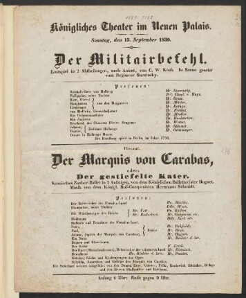 [Ankündigung:]  Der Marquis von Carabas, oder Der gestiefelte Kater : Komisches Zauber-Ballet in 2 Aufzügen