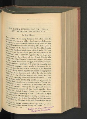 Sir Roper Lethbridge on "India and Imperial Preference".