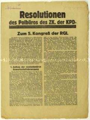Flugschrift zu den künftigen Aufgaben der KPD nach dem 5.Kongress der Roten Gewerkschafts-Internationale 1930
