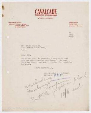 Brief von William J. Brittain, Cavalcade The British News-Magazine an Erich Salomon