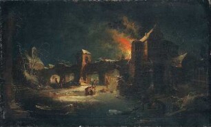 Winterlandschaft mit Brücke und brennenden Gebäuden