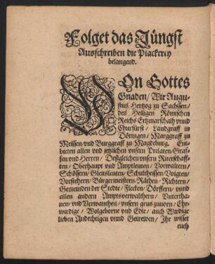 Folget das Jüngst Ausschreiben die Plackerey belangend.