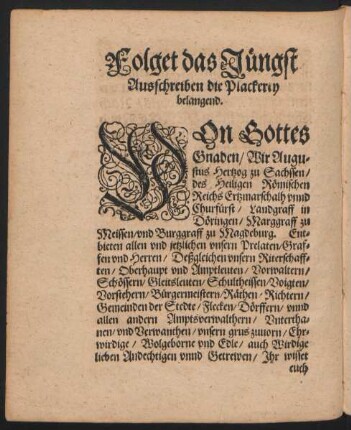 Folget das Jüngst Ausschreiben die Plackerey belangend.