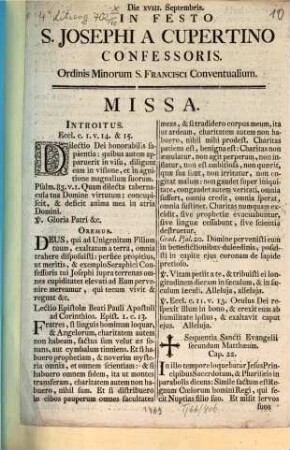 Die XVIII. Septembris. In Festo S. Josephi A Cupertino Confessoris. Ordinis Minorum S. Francisci Conventualium