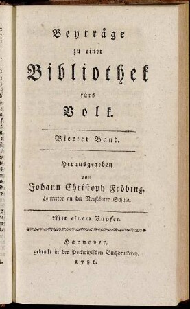 Beyträge zu einer Bibliothek fürs Volk. Vierter Band.