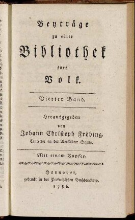Beyträge zu einer Bibliothek fürs Volk. Vierter Band.