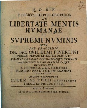 Dissertatio Philosophica De Libertate Mentis Hvmanae Et Svpremi Nvminis