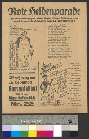 Flugblatt der Bürgerlichen Einheitsliste (BEL) zur Landtagswahl am 14. September 1930 mit Parteipropaganda gegen die Politik der SPD und Minister des Freistaates Braunschweig