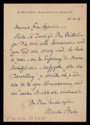 Brief von Martin Buber an Gertrud Oppenheim