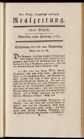 6tes Stück. Wien den 13ten Hornung 1773.