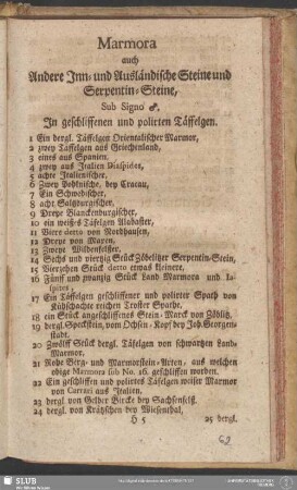 Marmora auch Andere Inn- und Ausländische Steine und Serpentin-Steine, Sub Signo [Eisen]