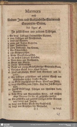 Marmora auch Andere Inn- und Ausländische Steine und Serpentin-Steine, Sub Signo [Eisen]