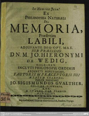 Ex philosophia naturali de memoria, praesertim labili
