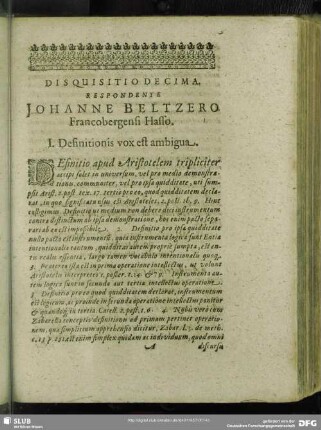 Disquisitio Decima. Respondente Johanne Beltzero Francobergensi Hasso