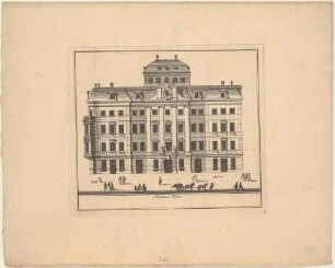 Das Barockpalais Romanushaus (auch Örtelsches Haus, Richtersches Café oder Dufours Haus) Ecke Brühl und Katharinenstraße in Leipzig, Nordfassade mit Staffage, Blatt 10 aus einer Reihe Leipziger Wohnhäuser und Palais’