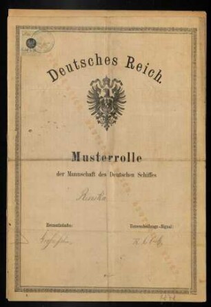 Musterrolle der Mannschaft des Deutschen Schiffes "Renska", 1876