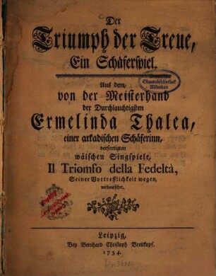 Der Triumph der Treue : Ein Schäferspiel