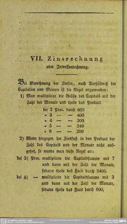 VII. Zinsrechnung oder Intressenrechnung
