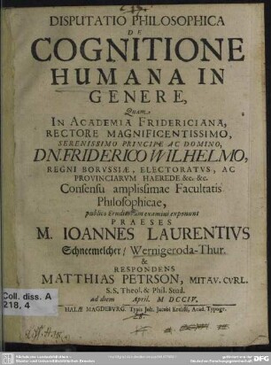 Disputatio Philosophica De Cognitione Humana In Genere