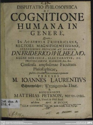 Disputatio Philosophica De Cognitione Humana In Genere