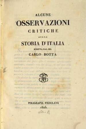 Alcune Osservazioni critiche sulla Storia d'Italia scritta dal Sig. Carlo Botta