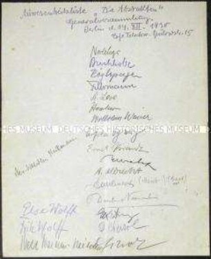 Anwesenheitsliste der Generalversammlung der Künstlervereinigung "Die Abstrakten" vom 14. Dezember 1930 - Sachkonvolut