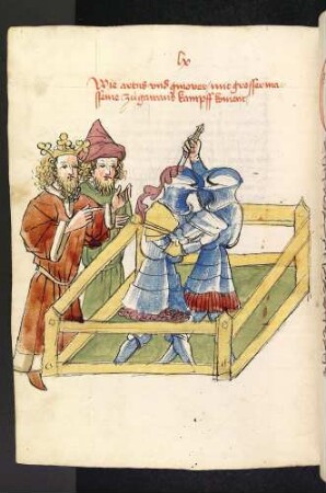 Artus beobachtet mit einem Begleiter den Zweikampf Gawans