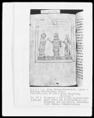 Vitae Sanctorum (Apostel, Martin, Gallus, Nikolaus, Nikodemus, Rupertus, Lambertus, Udalricus, Afra) — Der heilige Abt Rupert führt den Schreibermönch vor Christus, der ihn segnet, Folio 234verso