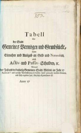 Tabell über der Stadt Gemeines Vermögen und Grundstücke, dann Einnahm und Ausgab an Geld und Naturalien, auch Activ- und Passiv-Schulden, [et]c. : Woraus der Zustand des dahiesig Gemeinen-Stadt-Wesens, im Jahr 17 dann ob? und welche Verbesserung in diesem Jahr gemacht werden können, und sich ergeben hat, kürzlich abzunehmen ist. Anno 17