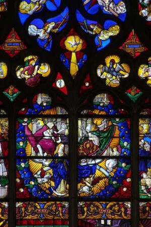 Frankreich. Champagne Ardenne. Marne. Chalons en Champagne. Ehemalige Stiftskirche Notre Dame en Vaux. Fenster. 16 Jahrhundert. Maria Tod und Krönung. 1526. Detail