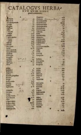 Catalogus Herbarum Quae Libro primo continentur.