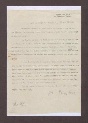 Schreiben von Prinz Max von Baden an Max Weber; Erwiderung auf die Ausführungen von Plessen, Schulenburg, Hintze etc.