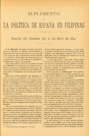 Suplemento á la Política de España en Filipinas. Sesión del Senado del 21 de Abril de 1891