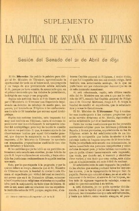 Suplemento á la Política de España en Filipinas. Sesión del Senado del 21 de Abril de 1891