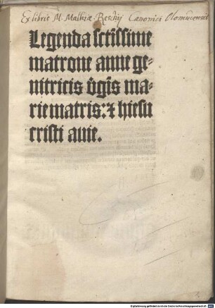 Legenda sanctissimae matronae Annae : mit Gedicht 'Anna suos prosperat ...' und Gebet zur hl. Anna