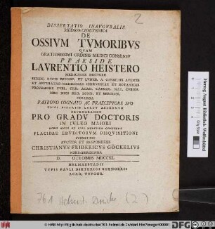 Dissertatio Inavgvralis Medico-Chirvrgica De Ossivm Tvmoribvs