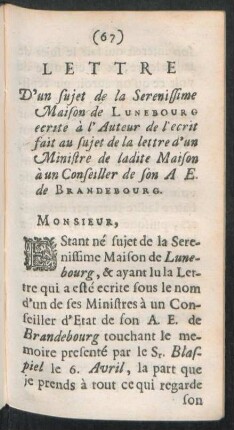 Lettre D'un sujet de la Serenissime Maison de Lunebourg ...