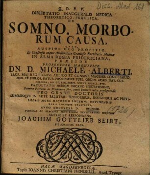 Dissertatio Inauguralis Medica Theoretico-Practica, De Somno, Morborum Causa