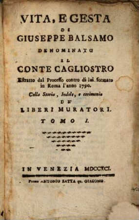 Vita e gesta di Giuseppe Balsamo, denominato el Conte Cagliostro