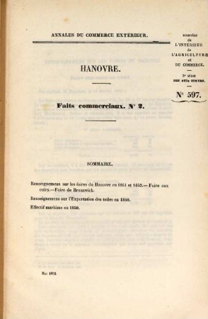 Annales du commerce extérieur. Hanovre. Faits commerciaux. 1/2, 1/2. 1851/52